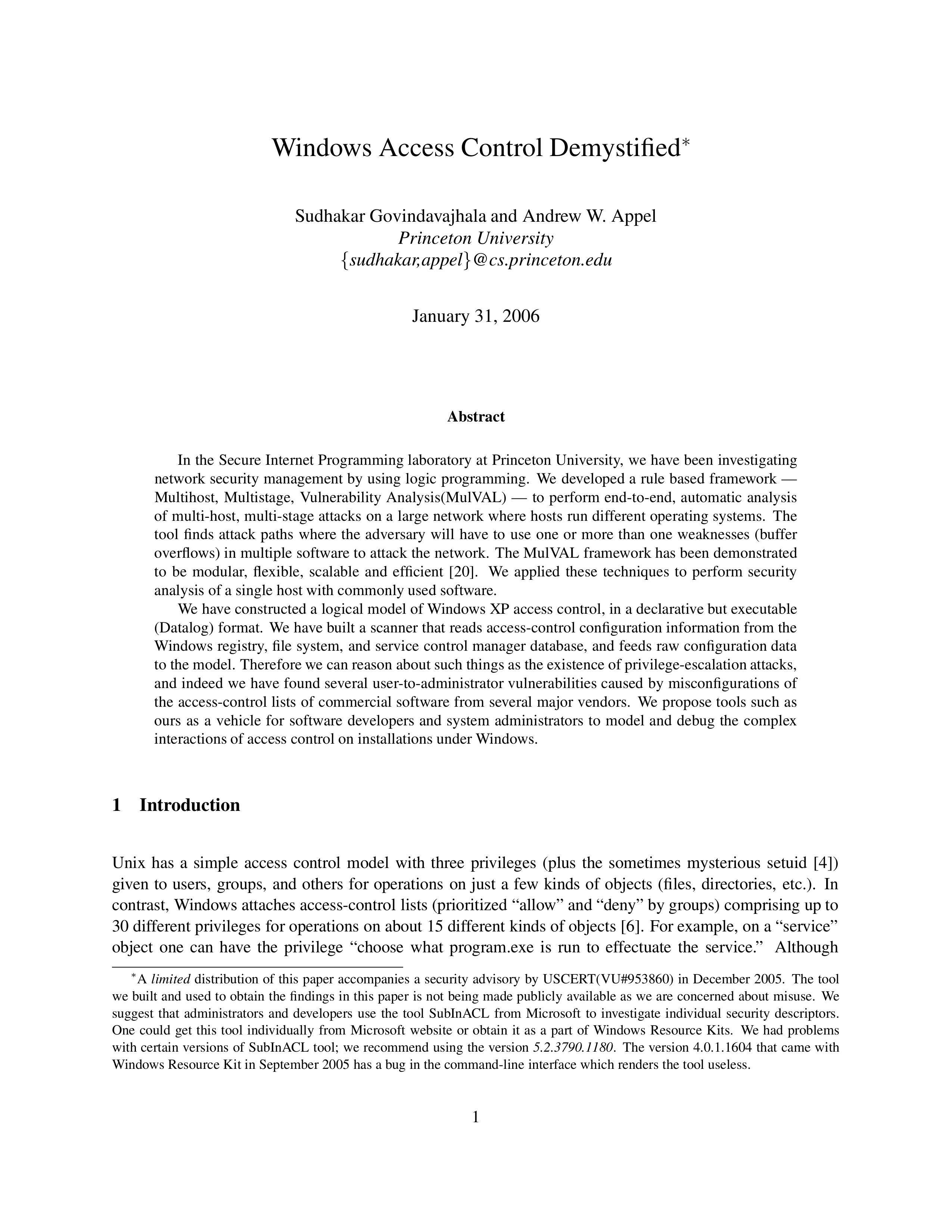 Windows Access Control Demystified by Sudhakar Govindavajhala and Andrew W. Appel